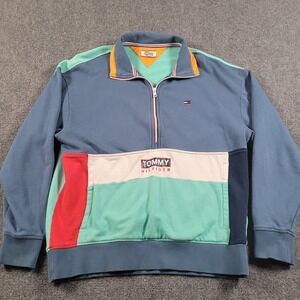 Tommy Hilfiger Denim Pullover Mens Medium Multicolor Half Zip Sweater Colorblock